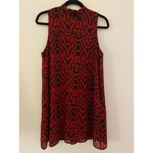 BB Dakota Red Black Patterned High Collar Sleeveless Mini Dress Women's Sz Small
